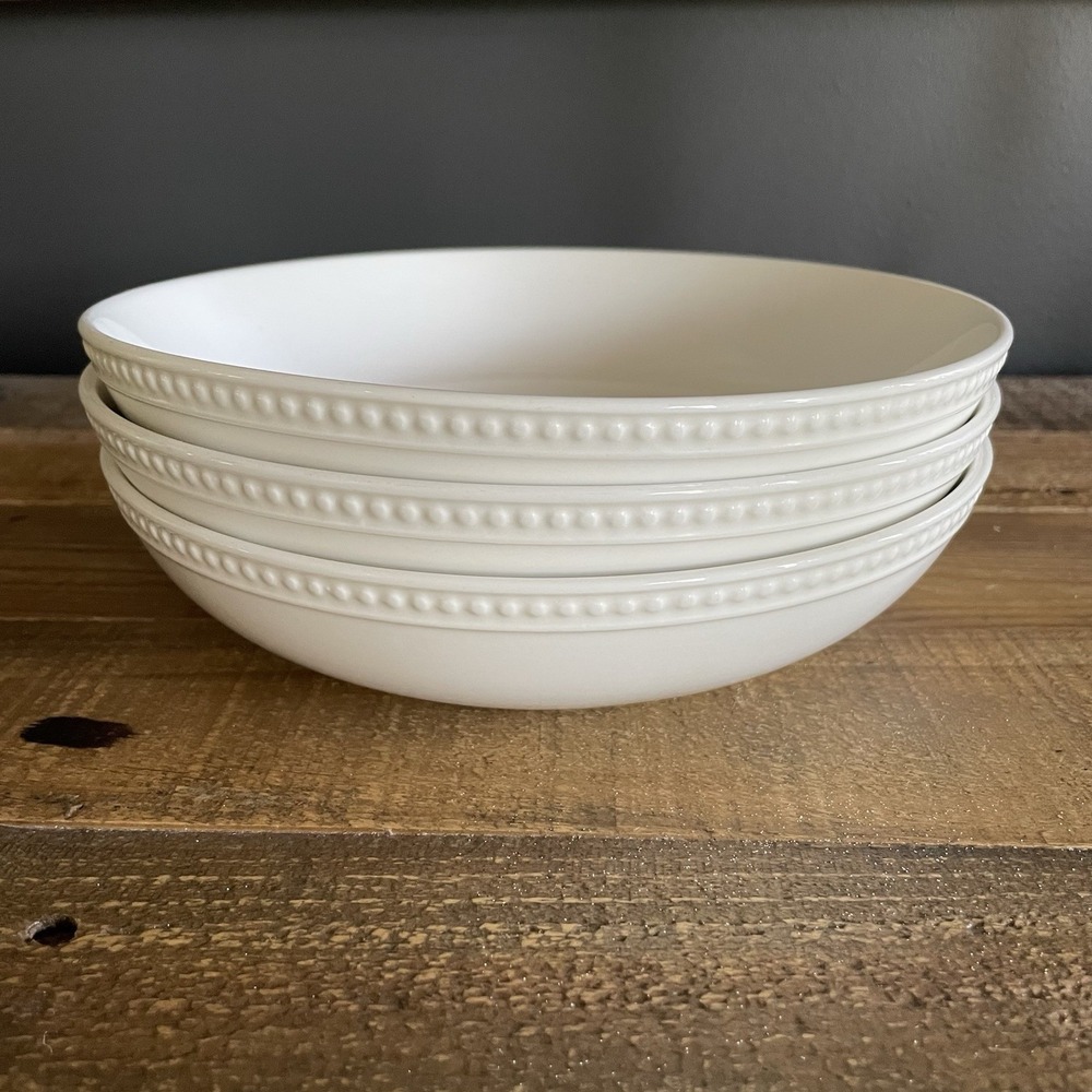 3 MIKASA LIVING Ruth Loria 8" Individual Soup Salad Pasta Bowls White Beaded Rim